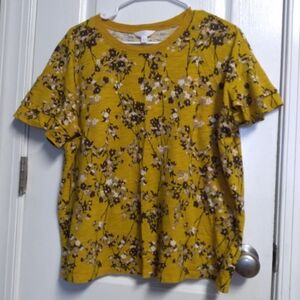 Mustard Yellow Floral Ruffle Sleeve Top Tee L(12-14) Summer Casual Like New